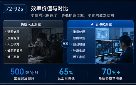 工业 AI 产品视频中传统人工流程与 AI 自动化流程的效率对比参考画面